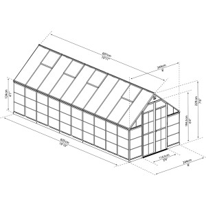 Technische Zeichnung: Palram Canopia Balance 8x20 Gewächshaus, Maße 607x244cm.