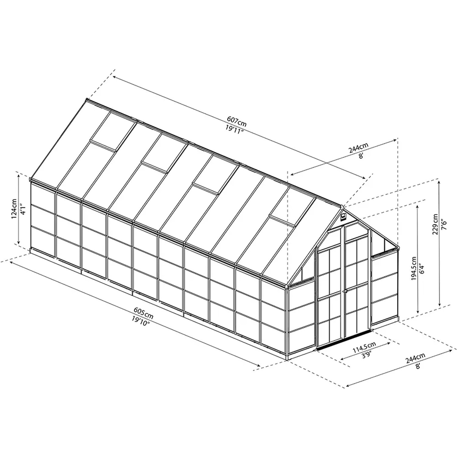 Technische Zeichnung: Palram Canopia Balance 8x20 Gewächshaus, Maße 607x244cm.