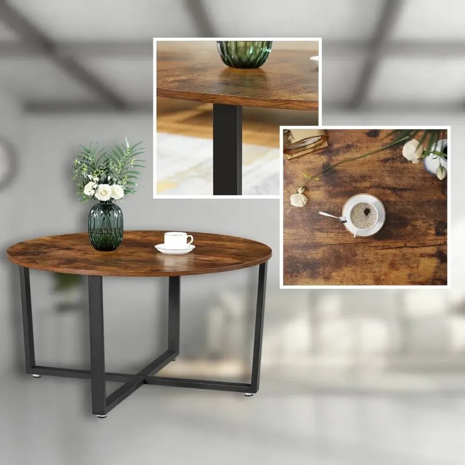 Runder holz4home Couchtisch Indie im Industrie-Stil mit schwarzem Metallgestell.