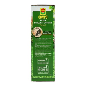 Compo Rasen Langzeit-Dünger Perfect 6kg Packung, Seite mit Anwendungs-Hinweisen und FAQs.