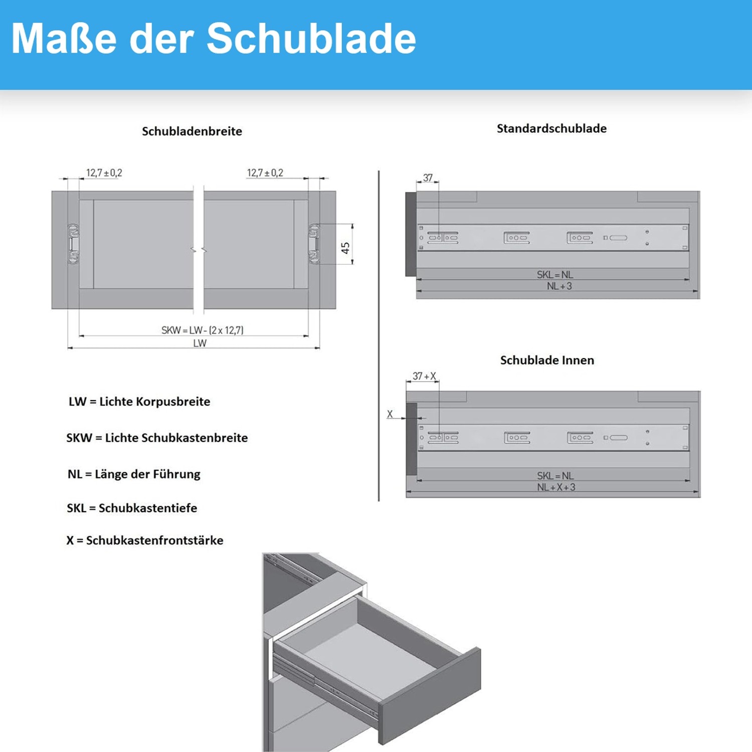 Skizze: MS Beschläge Schubladenauszug mit Maßen für Schubladenbreite und -tiefe.