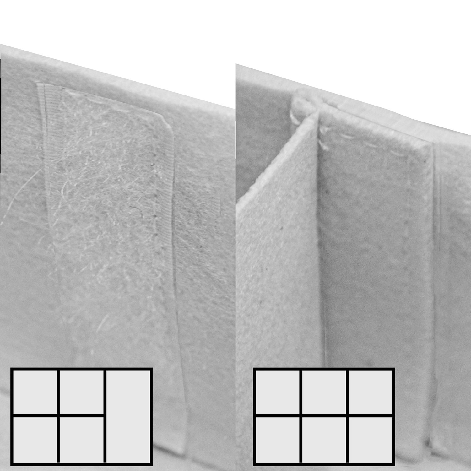 DuneDesign 2er Set Filz Teller- und Tassenhalter, Camping Zubehör, Detailansicht Klettverschluss und Fächer.