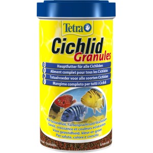 Tetra Cichlid Granules Fischfutter, 500ml Dose mit gelbem Etikett und Cichlid-Abbildung.