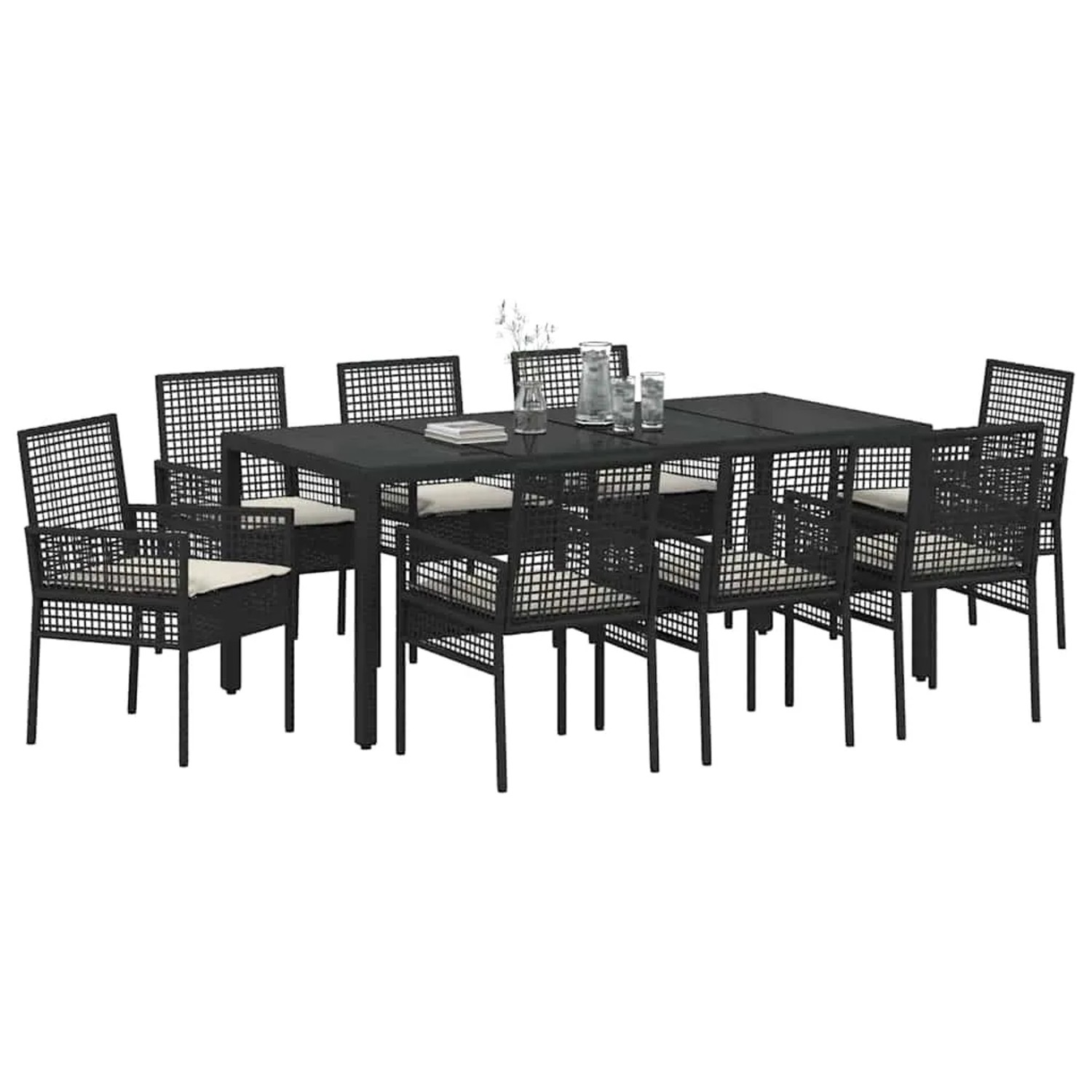 Schwarze 9-teilige Garten Essgruppe aus Poly Rattan mit Tisch und 8 Stühlen.