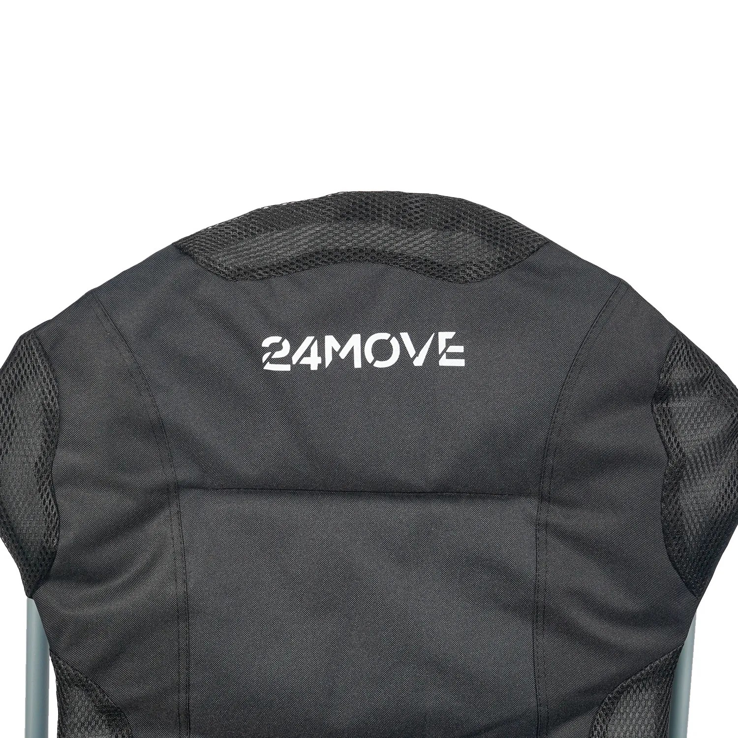 Detailansicht der Rückenlehne des schwarzen 24MOVE Campingstuhls mit Logo.
