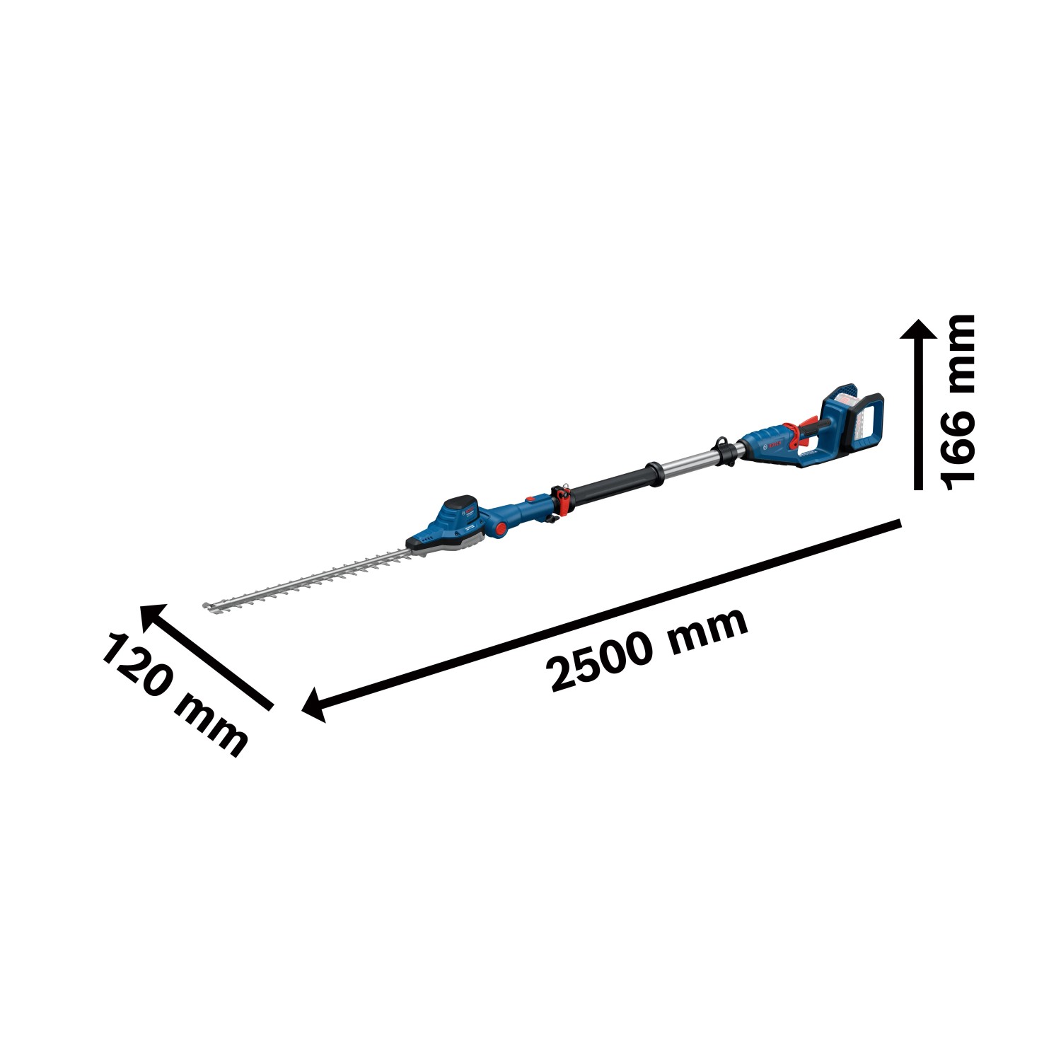 Bosch Professional Akku-Teleskopheckenschere GHE 18V-50 TP Solo mit Maßangaben.