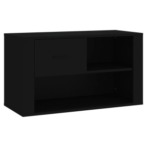 Schwarzer vidaXL Schuhschrank (80x35x45 cm) aus Holzwerkstoff mit Schublade und offenen Fächern.
