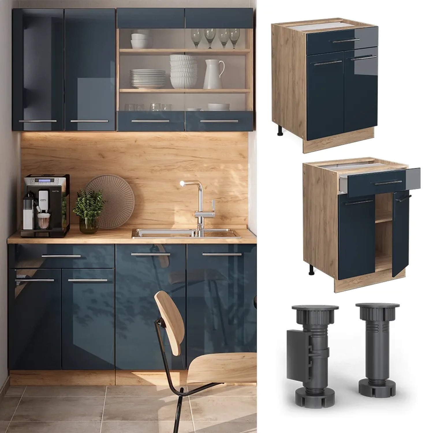 Vicco Küchenunterschrank Fame-Line, dunkelblau hochglanz mit Schublade, Eiche Dekor, 60 cm breit.