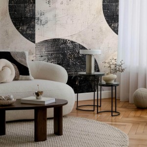 PROFHOME Fototapete geometrisch in Schwarz, Weiß und Beige im Wohnraum.