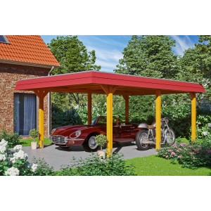 Skan Holz Carport Wendland Eiche hell mit roter Blende, inklusive Auto und Motorrad.