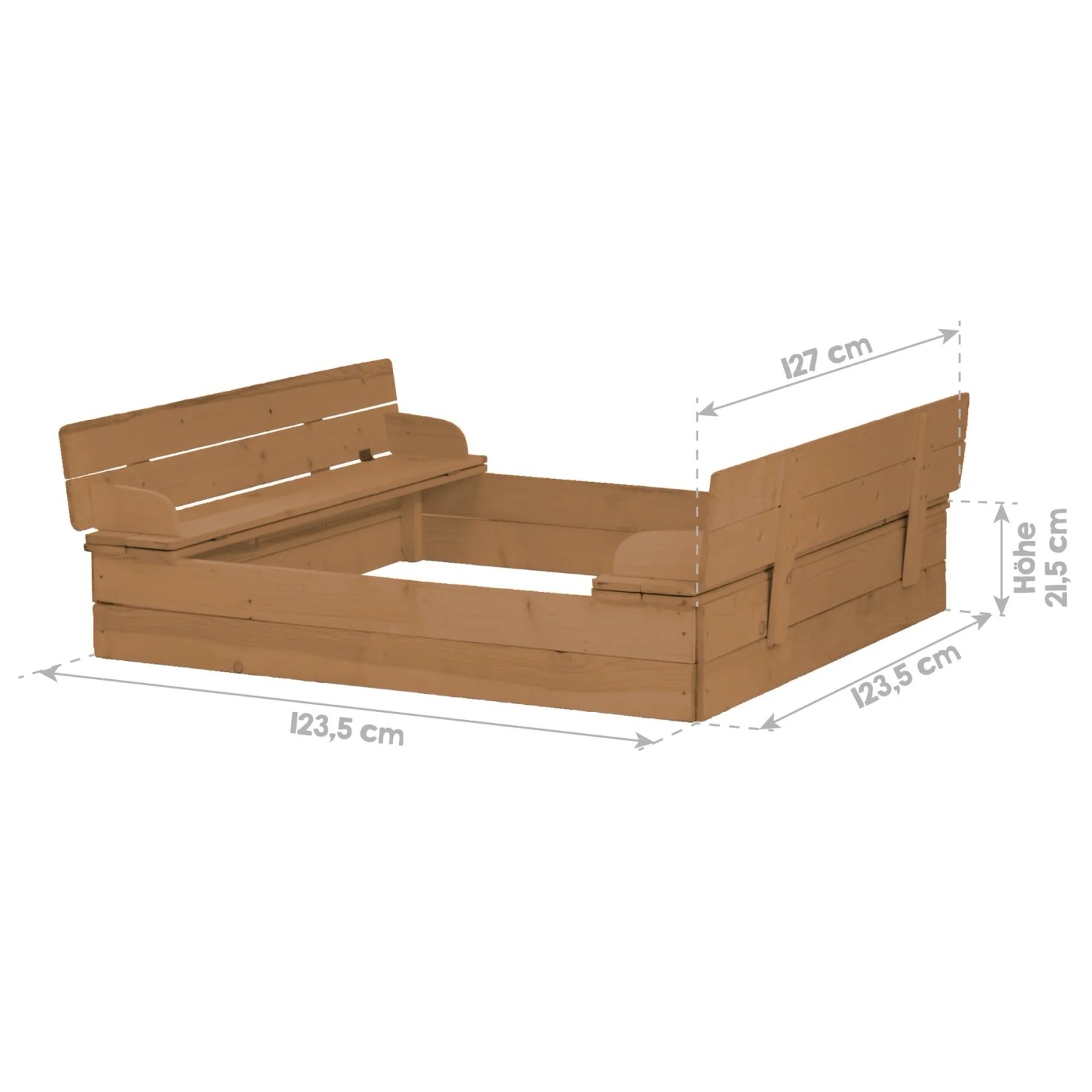Robuster, klappbarer Sandkasten aus Holz mit Sitzbank in Natur. Ideal für Kinder zum Spielen im Garten.