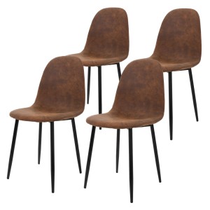4er Set braune ML-Design Esszimmerstühle im skandinavischen Vintage-Stil mit schwarzen Metallbeinen.