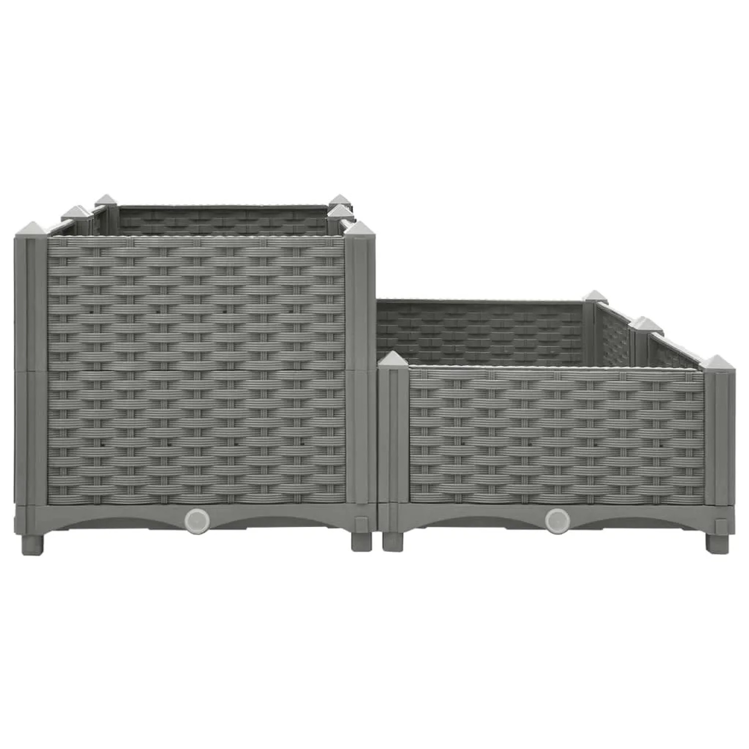 Hellgraues vidaXL Hochbeet (80x80x38 cm) aus Polypropylen mit Rattan-Optik.