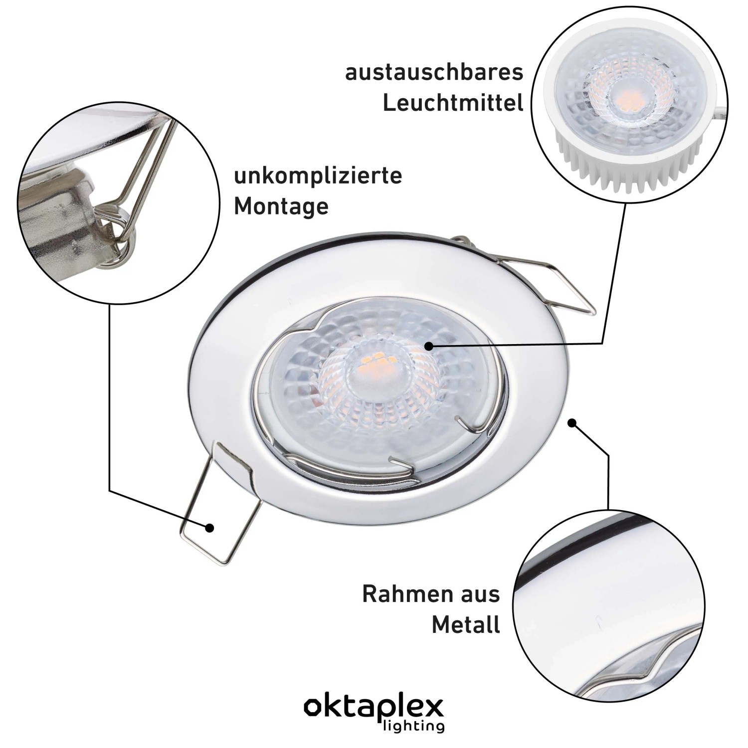 Oktaplex Einbauspot Sedan 6er-Set, Chromoptik, LED warmweiß, 1,9W. Deckenstrahler Detailansicht.