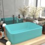 Rechteckiges vidaXL Luxus-Waschbecken aus matt hellgrüner Keramik auf Holzplatte. Modernes Aufsatzwaschbecken für Bad.