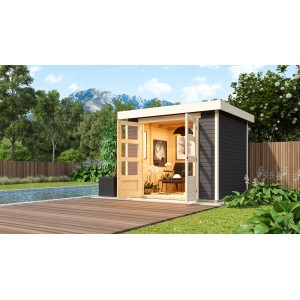 Terragraues Karibu Express Gartenhaus Speedy B (242x217cm) mit geöffneten Doppeltüren.