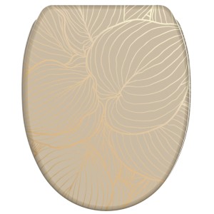 SANILO WC-Sitz Hosta mit Absenkautomatik und Blattmuster in Beige und Gold.