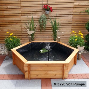 Promadino Sechseck-Hochteich aus Kiefernholz mit Pumpe und Teichfolie, Durchmesser 150 cm.