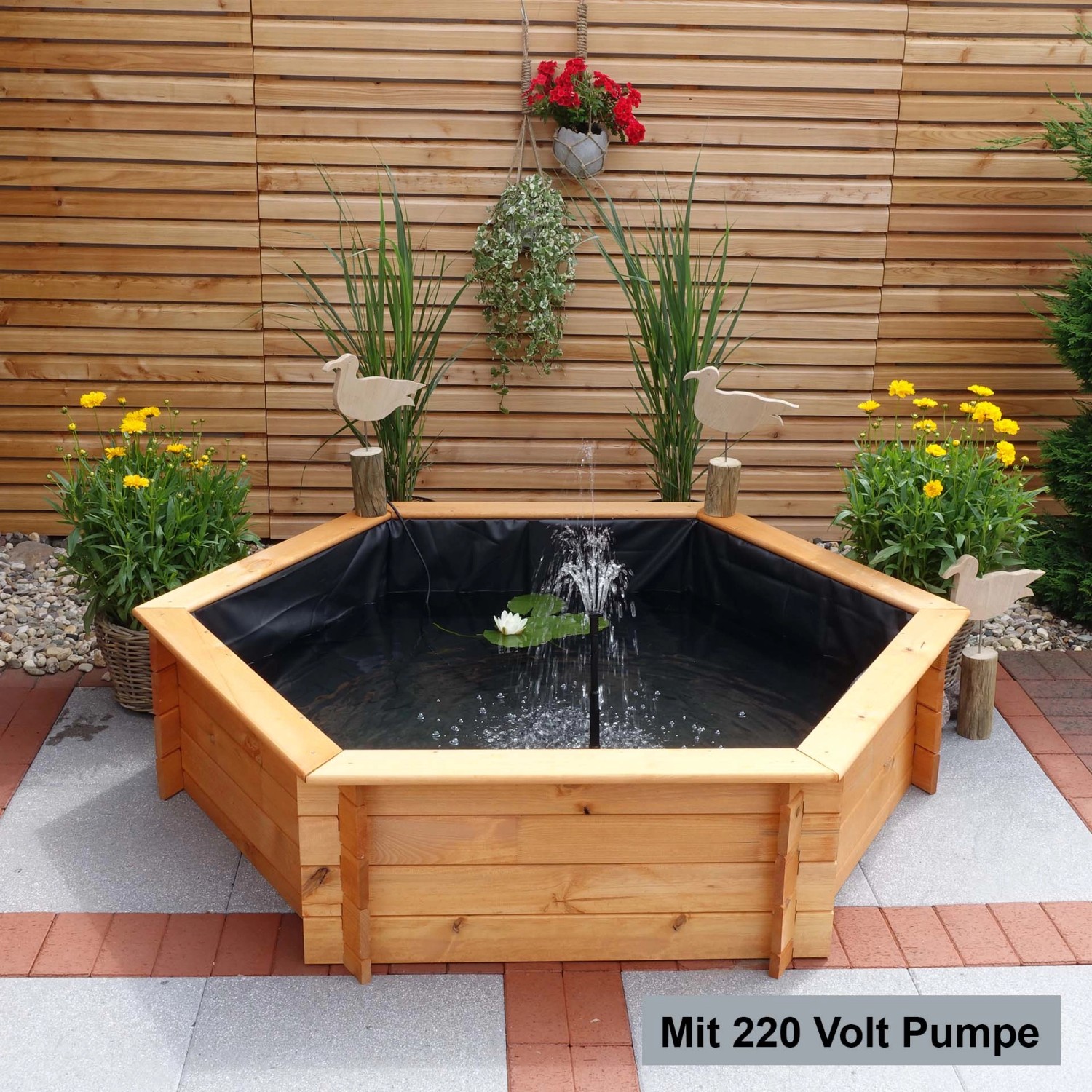 Promadino Sechseck-Hochteich Ø 125 cm inkl. Pumpe 220 Volt aus Kiefernholz günstig online kaufen