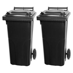 Zwei graue/schwarze 120-Liter-Mülltonnen aus HDPE-Kunststoff mit Rädern.