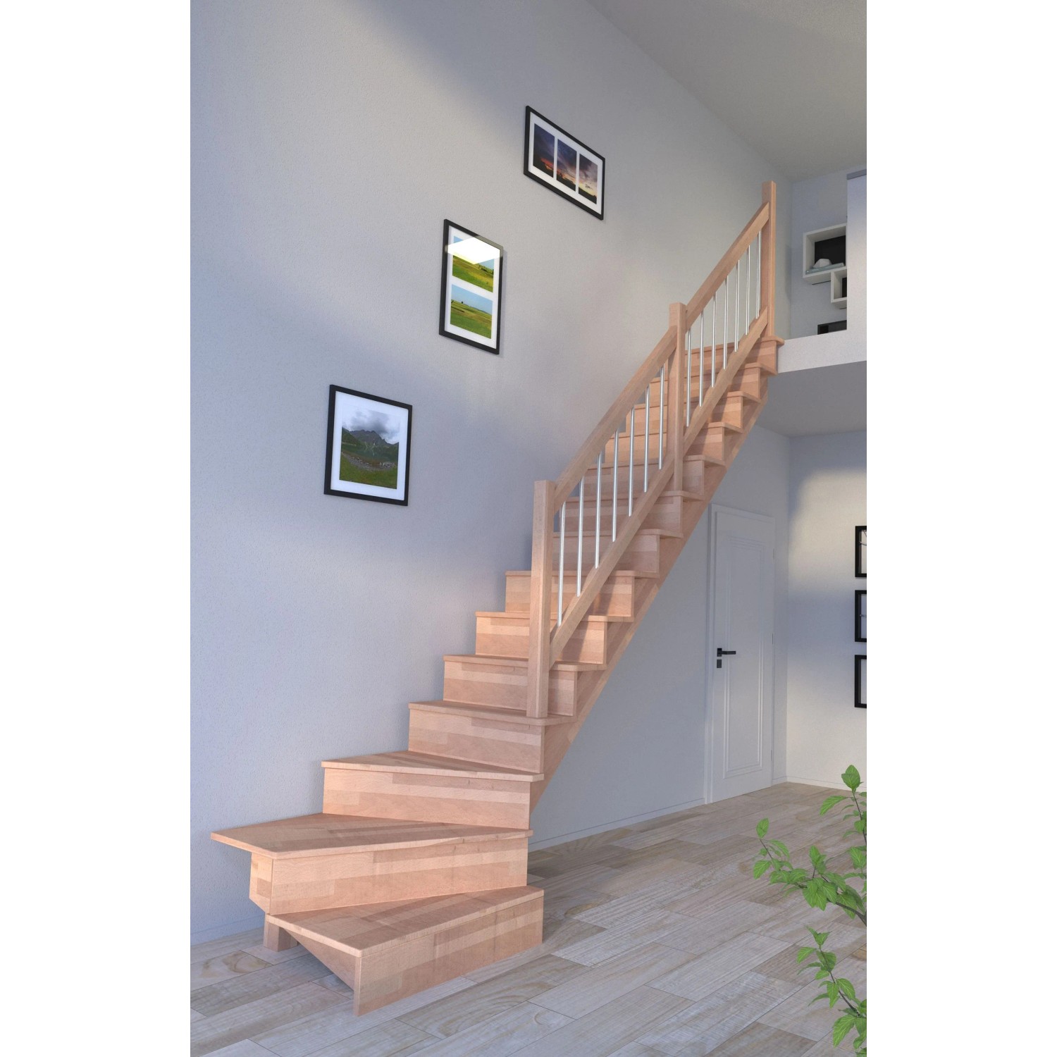 Gewendelte Buchenholztreppe Lindos mit Edelstahlgeländer und Setzstufen, 100 cm breit.