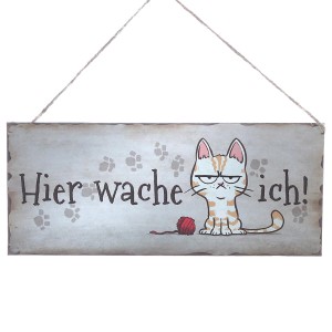Metallschild Katze mit Spruch "Hier wache ich!" und Jutekordel zur Gartendekoration.