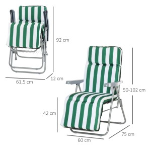 Outsunny Gartenstuhl, verstellbar, mit grün-weiß gestreifter Polsterung, Stahlgestell, zusammengeklappt und aufgebaut.