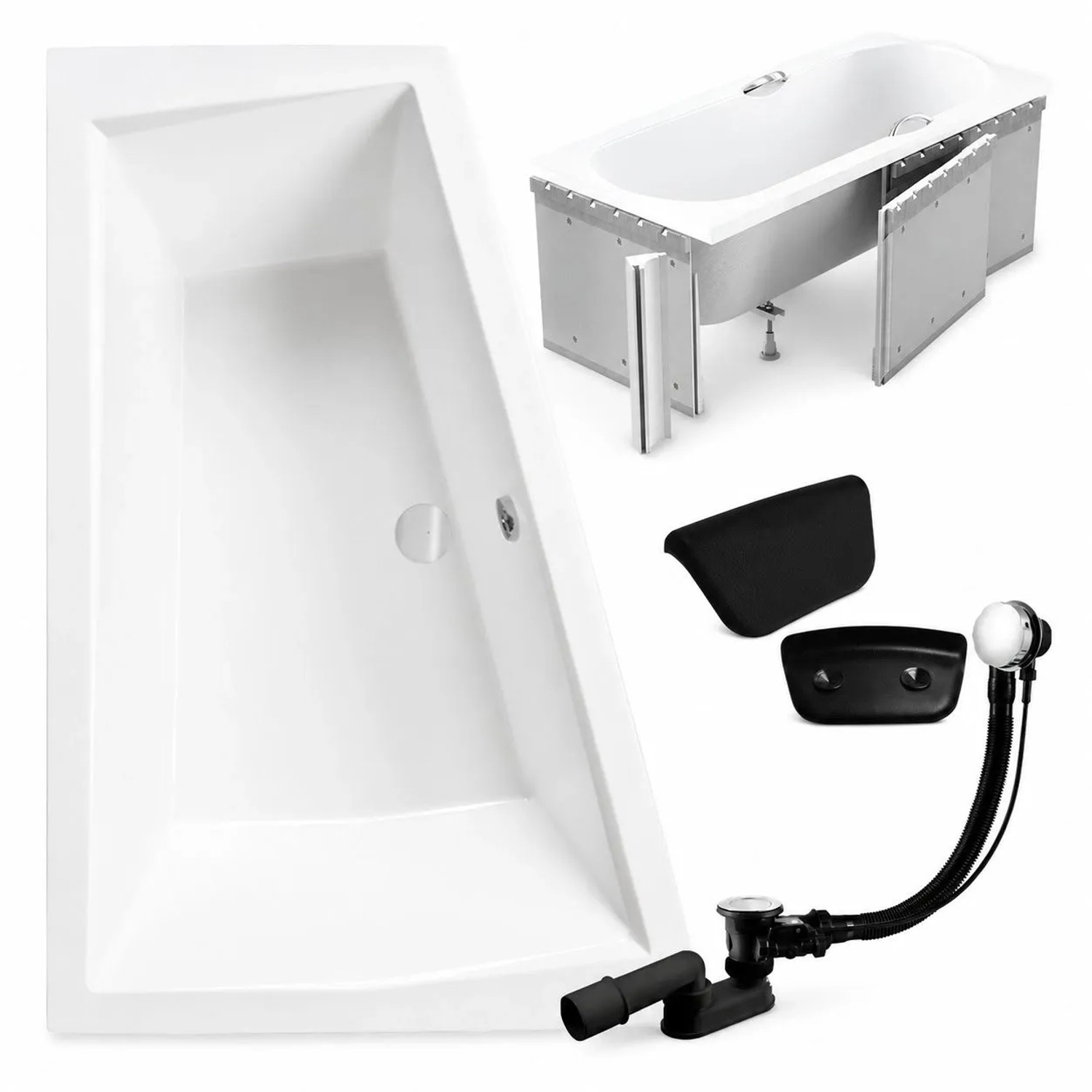 KOLMAN Eckbadewanne Links 170 x 125 cm mit Styroporverkleidung mit 2 Kopfstützen KODI inkl. Ablauf und Füße