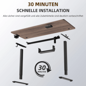 Explosionszeichnung: HOMAVO höhenverstellbarer Schreibtisch 120x60cm, Einzelteile und Montagehinweis.