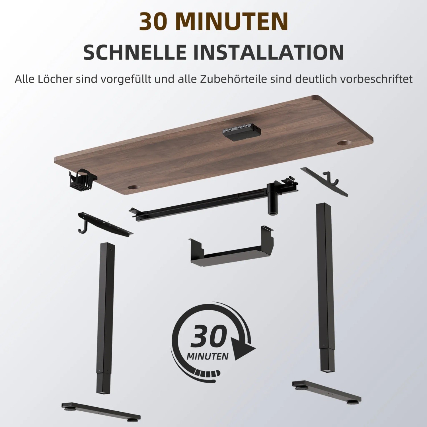 Explosionszeichnung: HOMAVO höhenverstellbarer Schreibtisch 120x60cm, Einzelteile und Montagehinweis.