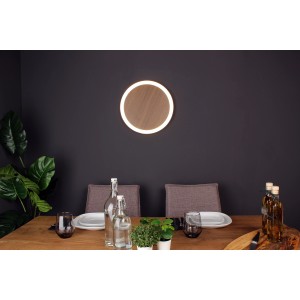 Moderne LED-Deckenleuchte Moon von Luce Design, Holzoptik, rund, Ø 40 cm.