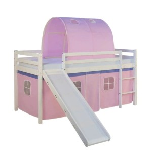 Weißes Kinderhochbett 90x200 mit rosa Rutsche, Tunnel und Vorhang. Abenteuerbett mit Leiter.