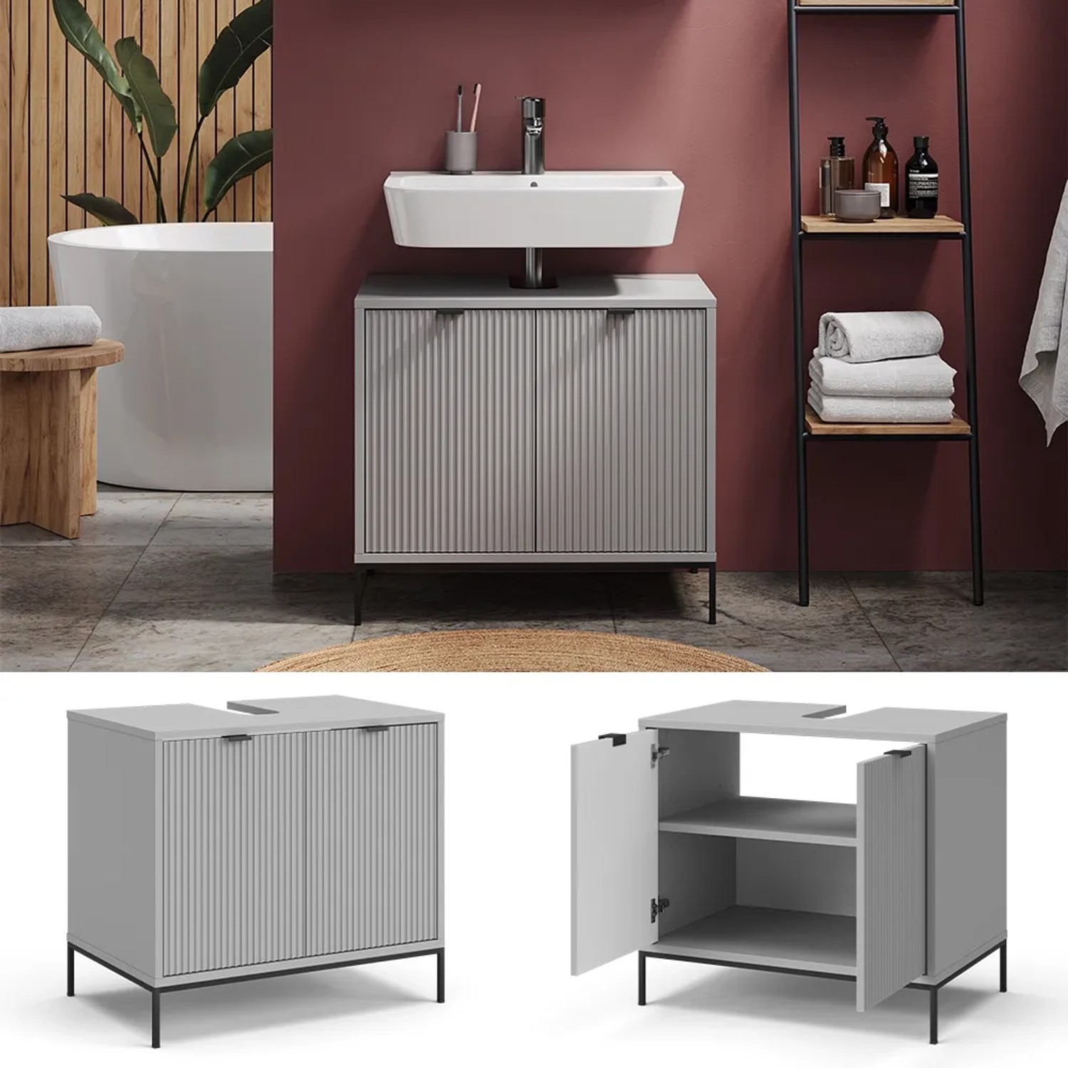 Vicco Waschbeckenunterschrank Eliza, grau, 70 cm breit, mit Türen und Schublade.