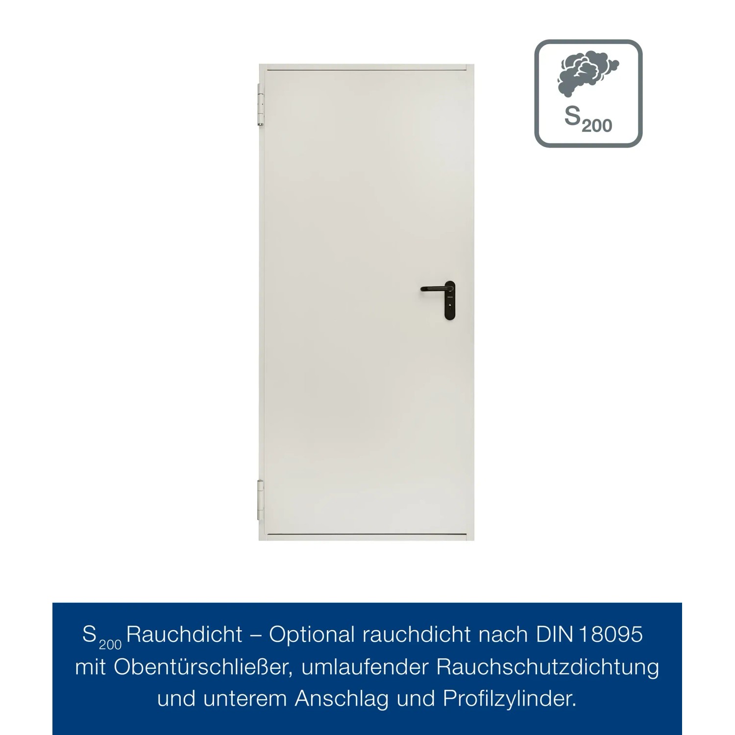 Grauweiße Hörmann Feuerschutztür T 30-H8-5 (87,5x200 cm) mit schwarzem Türgriff.