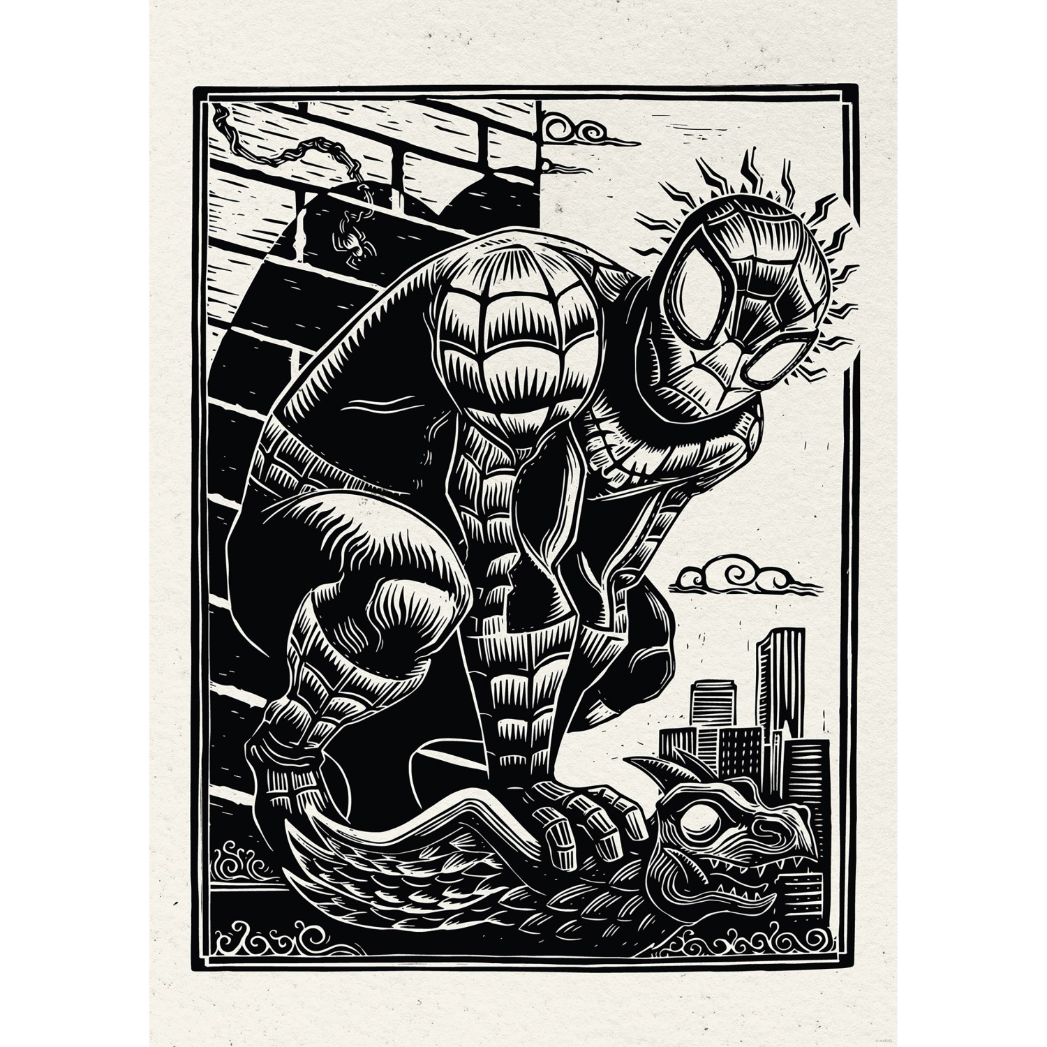 Komar Wandbild Marvel Spider-Man Lino-Cut 50 cm x 70 cm Schwarz-Weiß günstig online kaufen