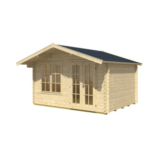 Skan Holz Gartenhaus Stavanger 1, naturbelassen, 380x300 cm. Holz-Gartenhaus mit Fenster und Doppeltür.