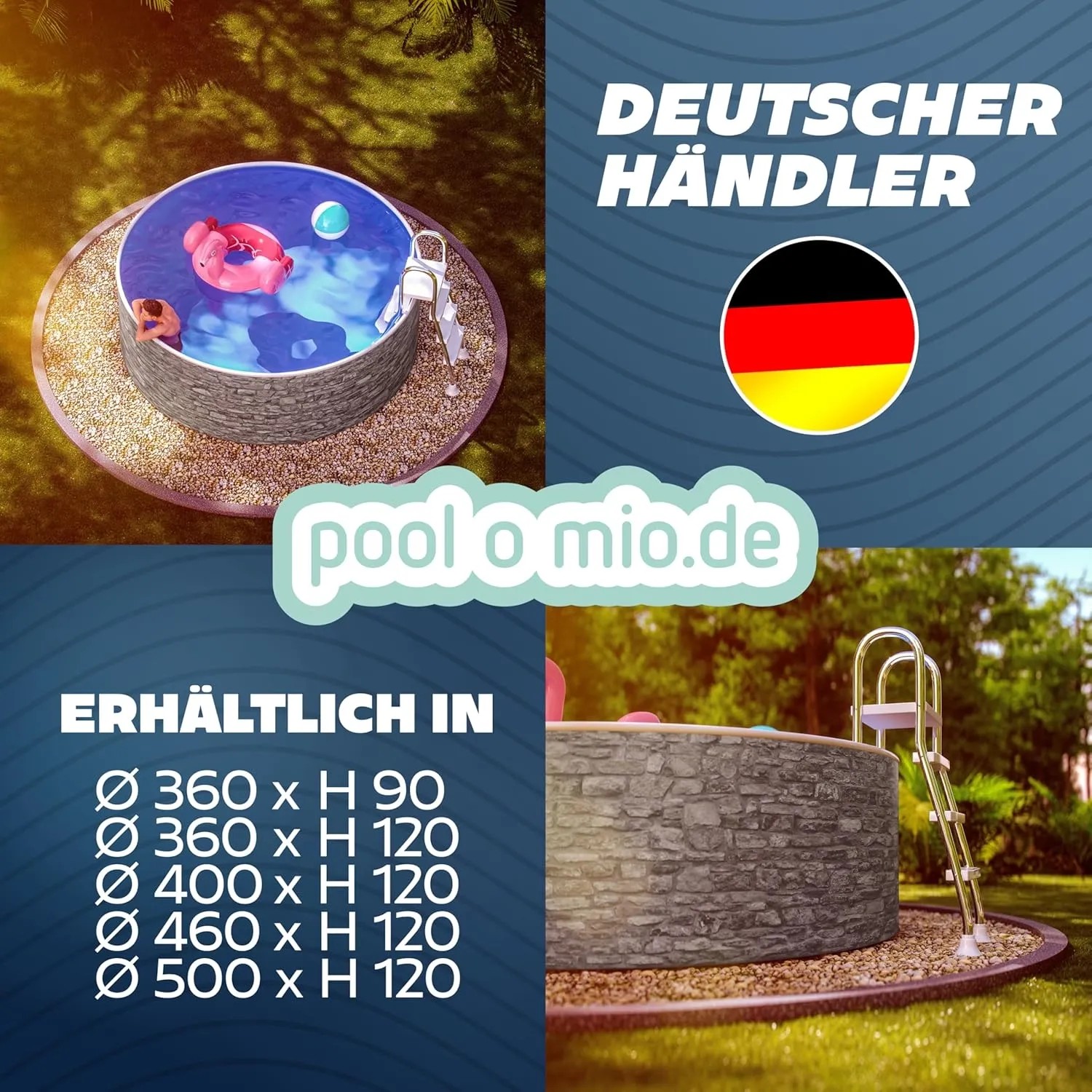 Runder Poolomio Stahlwandpool in Steinoptik, 500x120 cm, mit Leiter und Zubehör.