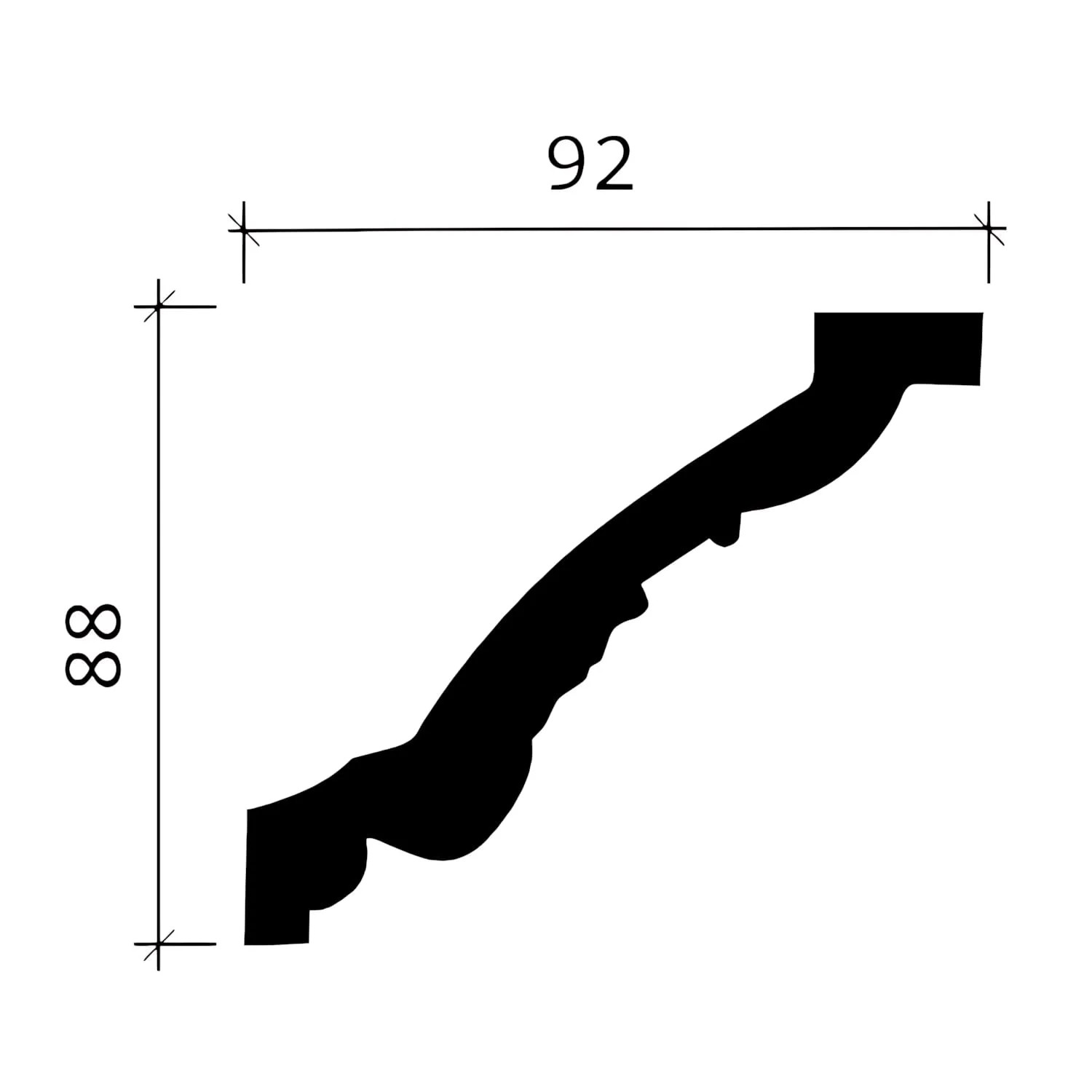 Detailzeichnung: Weiße PROFHOME Eckleiste (8 Stk./Set) mit Maßen 88x92mm für Paneel-Zubehör.