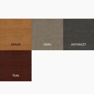 Farbmuster von Bondex Wetterschutz-Öl: Braun, Grau, Anthrazit und Teak.