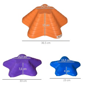 Outsunny Flusssteine 6er-Set in Orange, Lila und Blau mit Größenangaben für Kinder von 3-8 Jahren.
