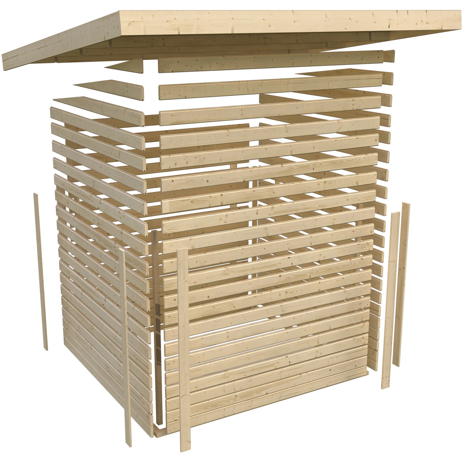 Karibu Holz-Gartenhaus Kumla 3, unbehandelt, Pultdach, 240x240 cm, Bausatz-Darstellung.