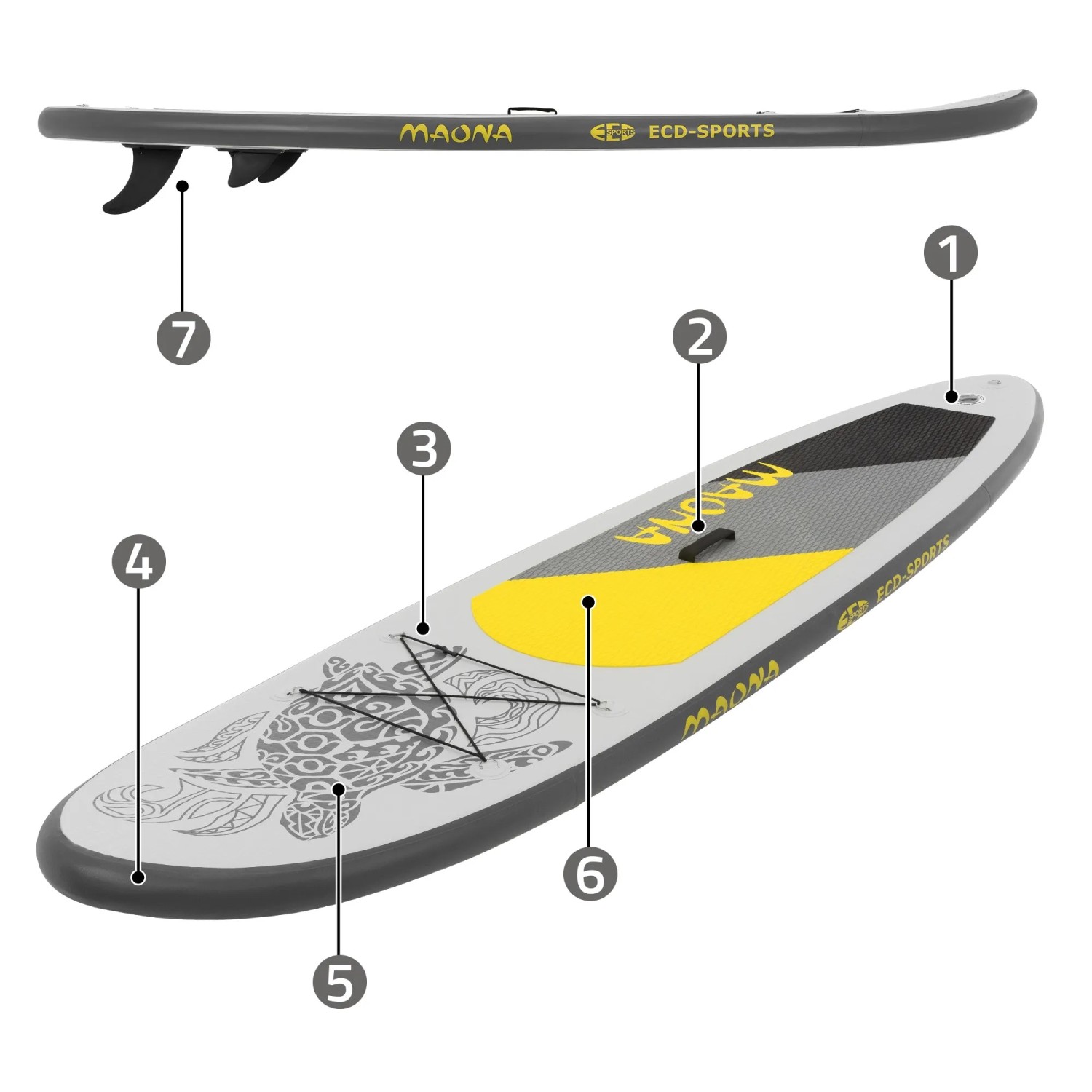 Aufblasbares Stand Up Paddle Board Maona, 308 cm, grau, mit Finnen und Tragegriff.