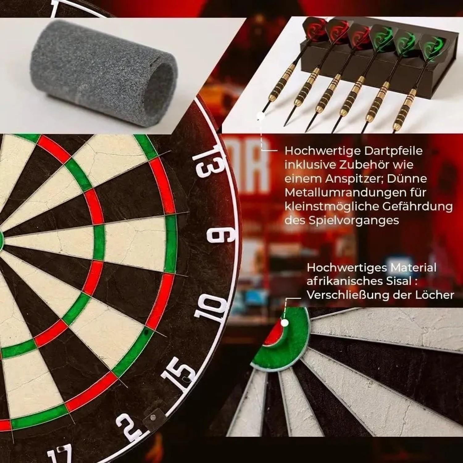 Lion Home Dartscheibe Set, 45 cm Sisal, mit 6 Pfeilen, Anspitzer und Aufbewahrungsbox.