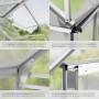Detailansichten des transparenten Tectake Gewächshauses mit Aluminiumrahmen und Fundament.