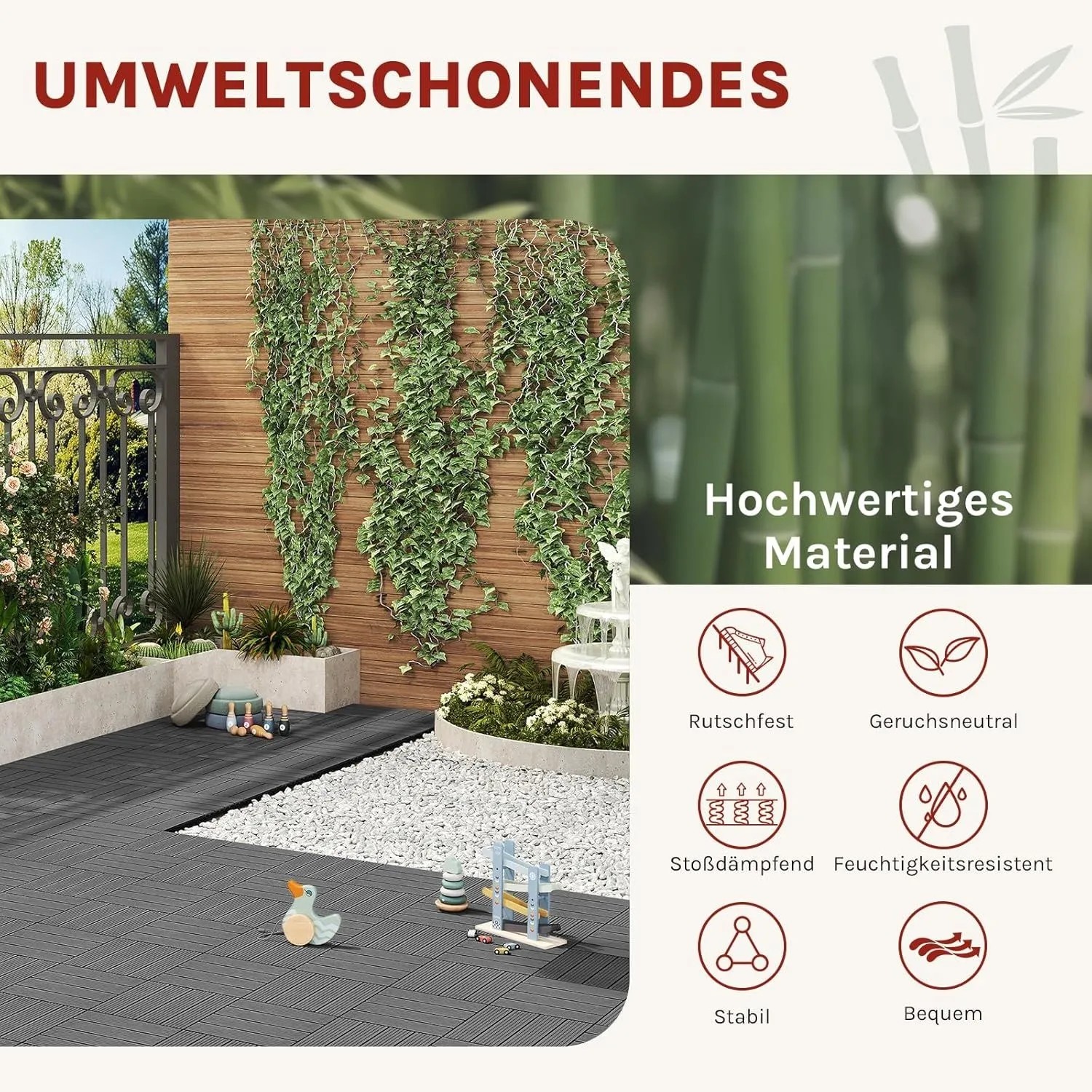 Graue WOLTU WPC Terrassenfliesen in Holzoptik mit Klicksystem, verlegt auf einer Terrasse mit Kies und Pflanzen.
