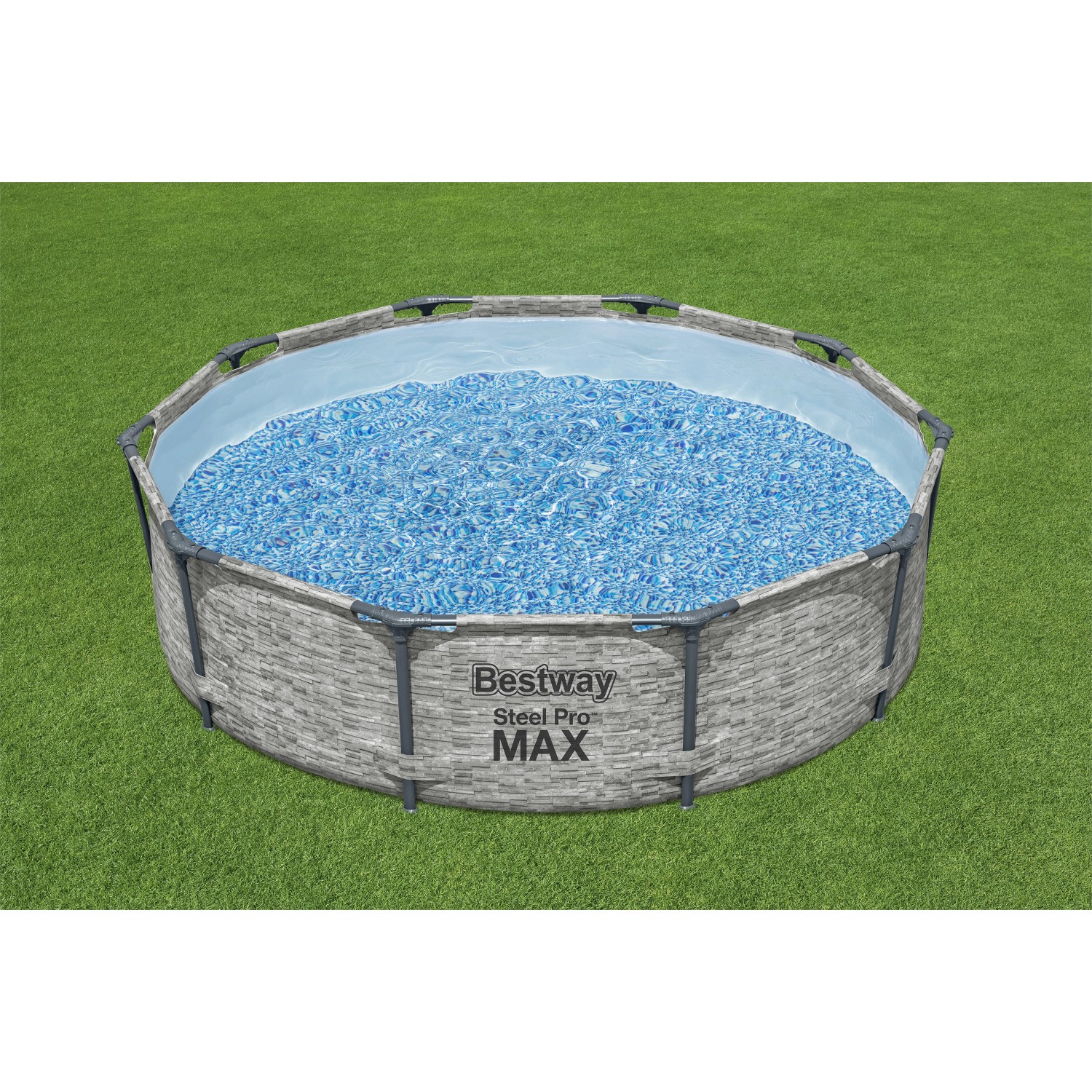 Bestway Stahlrahmenpool Steel Pro MAX, Ø 305 cm, grau, mit Wasser gefüllt.