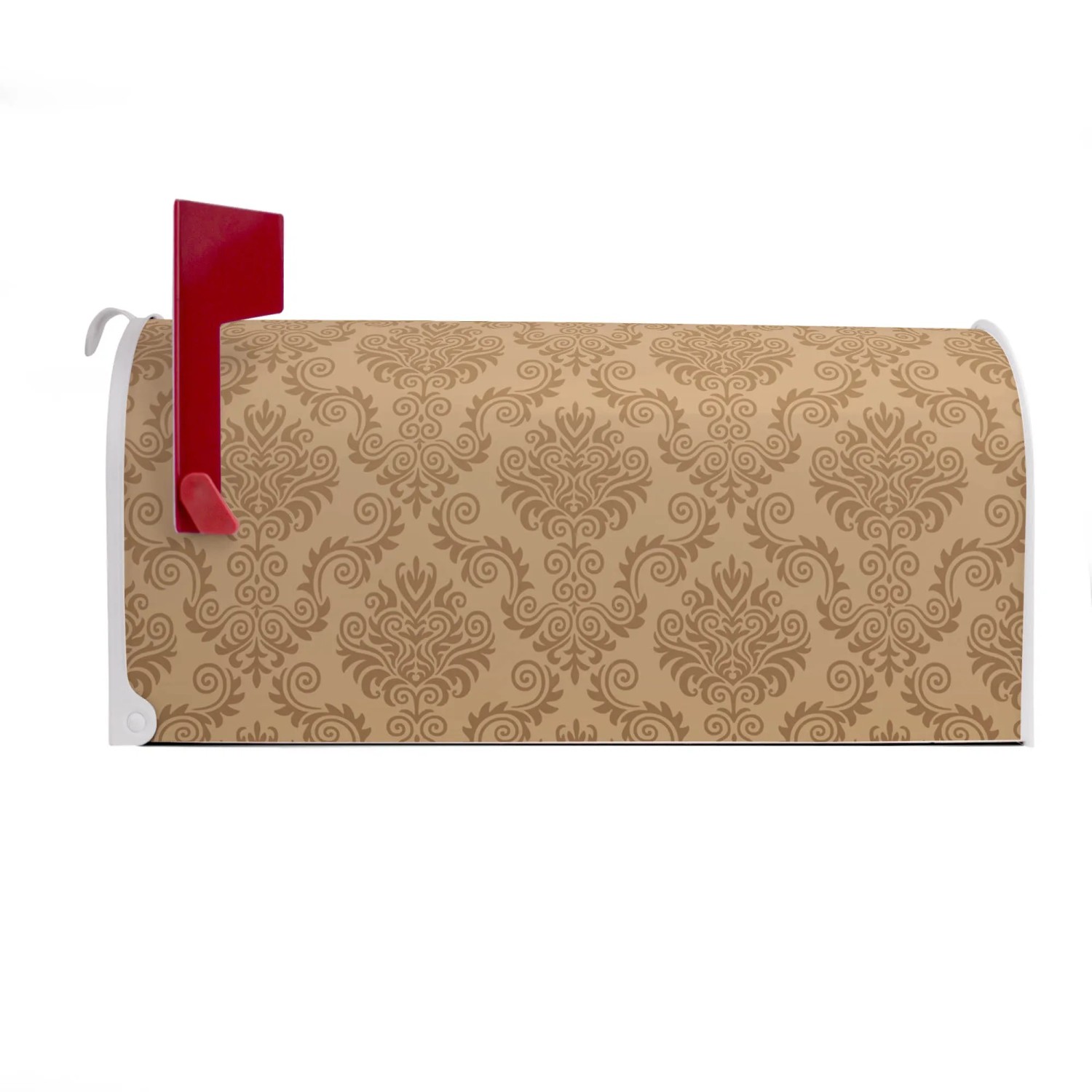 Weißer US Briefkasten mit beigem Tapetenmuster und roter Fahne, 48x22x16cm.