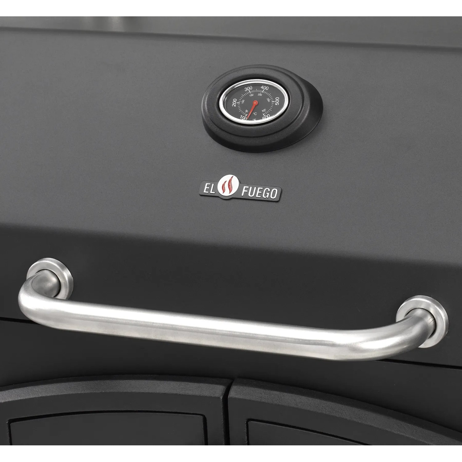 Detailansicht: Schwarzer El Fuego Holzkohlegrill Grand Ontario mit Thermometer und Griff.