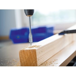 LUX Flachfräsbohrer (Ø 10 mm) bohrt Loch in Holz.