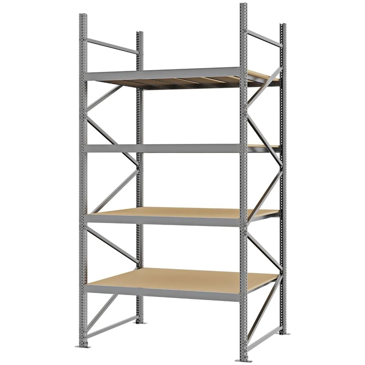 PROREGAL Weitspannregal Schraub-Stecksystem MAGNUS PRO Made In Germany Grundregal 300x150x100cm 4 Ebenen Spanplattenböden Fachlast 750kg Verzinkt